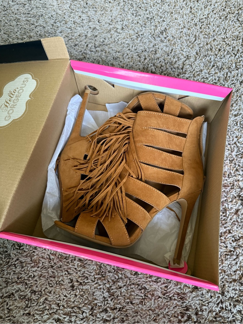 Fringe Strappy Suede High Heel Sandals - Tan